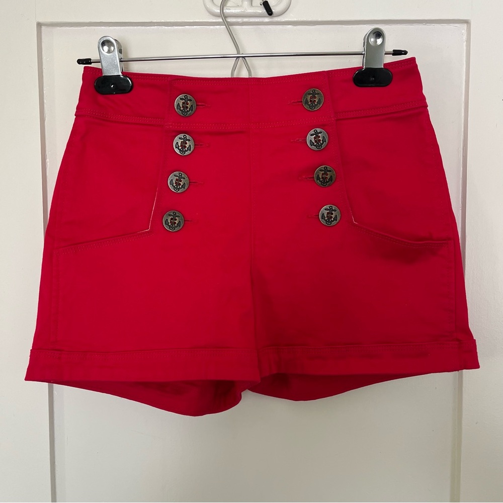 Express Red High Waist Shorts with Anchor Buttons